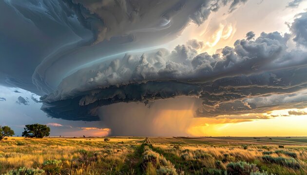 Dramatic Supercell Thunderstorm Approaching Over Rural Landscape.