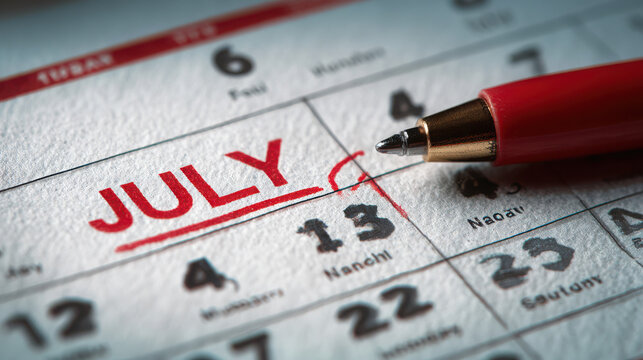 Closeup of a calendar marking july 13th with a red pen