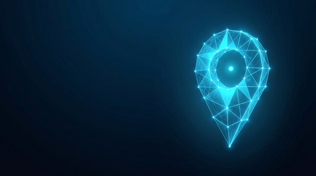 Digital navigation pin location icon made of glowing blue network nodes in dark virtual space with location navigation wireframe hologram technology particles geometric abstract