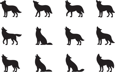 Obraz premium Wild Wolf Silhouette Set with Standing and Howling Poses for Coyote Jackal and Forest Wildlife Design Illustration