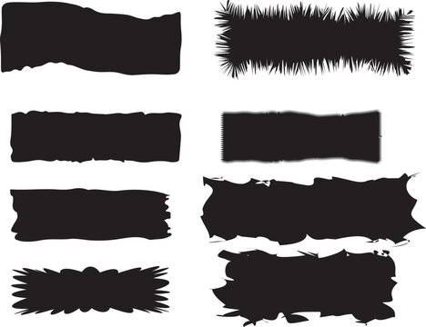 Set of black ink brush stroke banners, hand drawn grunge paint ribbons and irregular brush marks for creative graphic design elements