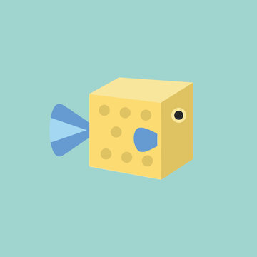 A yellow boxy fish swims in a minimalist blue sea environment