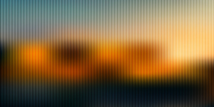 Abstract background, with vertical black, lines overlaying a, blurred sunset gradient, of orange, yellow, and deep blue colors