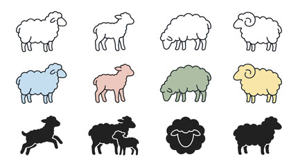 Sheep and lamb icon set with silhouettes and colorful outlines © Joyo