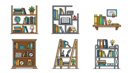 Library bookshelves with books school supplies and office decor © Joyo