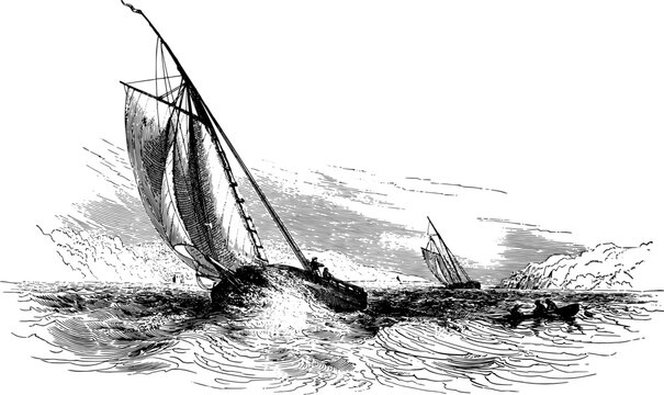 Vintage engraving of sailing boats on a rough sea