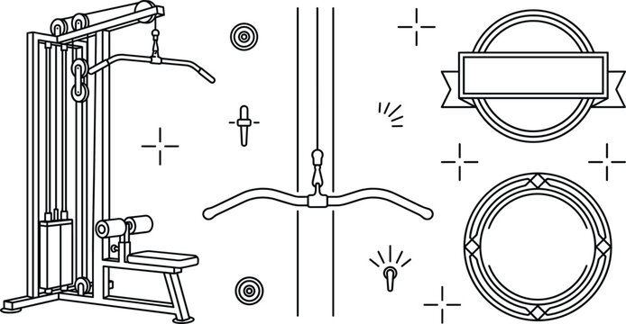 Gym Lat Pulldown Machine Line Art Collection Banner with Workout Fitness Equipment Badges