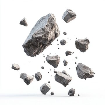 Floating grey stone fragments and debris isolated on white background