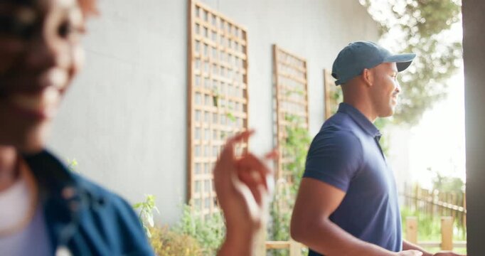 Woman, delivery man and pizza box with smile for fast food, takeout and ecommerce by home front door. People, employee and customer with wave for takeaway, supply chain and service with gratitude