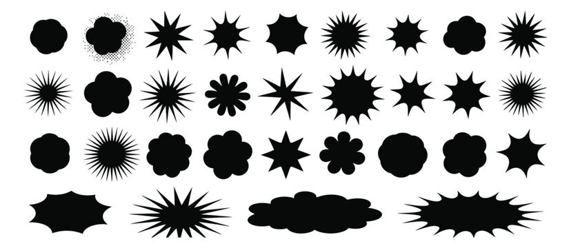 Comic explosion speech bubble vector shapes, speech bubble silhouettes, starburst designs in black, comic book pop art elements, graphic design and digital illustration set eps 10.
