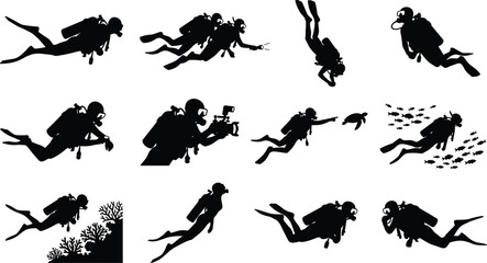 Scuba Diver Silhouette Icon Set with Underwater Swimming Characters Marine Life Coral Reef and Sea Exploration Symbols for Web Graphic Design © Sultana