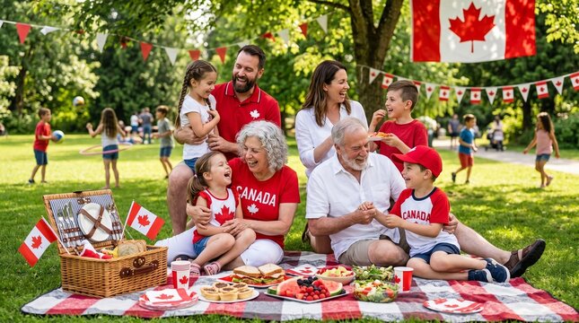 Canada Day family picnic in park with grandparents, parents, and children enjoying food, laughter, and patriotic decorations