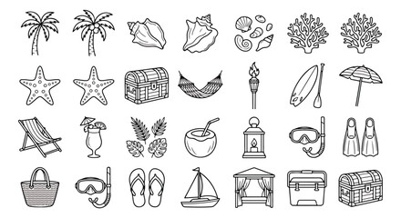 Tropical beach vacation icons, 28 summer travel vector elements, black and white outline symbols © usmi