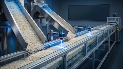 Fototapeta premium Smart factory conveyor belt sorting white rice grains with blue laser scanning technology.