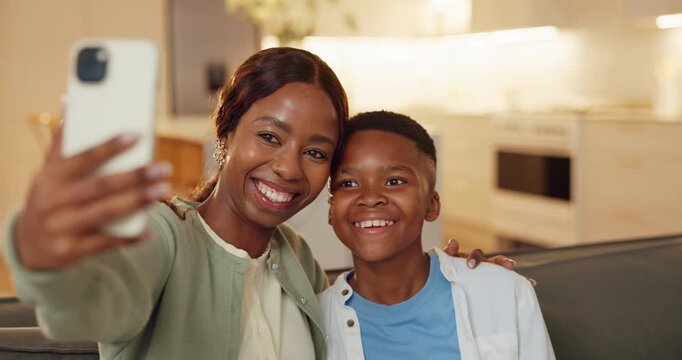 Happy, mother or child in home with selfie, loving picture or bonding post on weekend break. Digital, smile or black family on sofa with tech, parent connection or memory capture for social media.