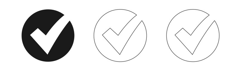 Check mark icon set solid black outline and thin line versions for verification and approval © mstkabita