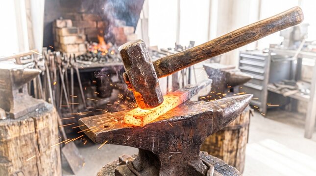 Blacksmith hammering hot metal on anvil in workshop with sparks flying