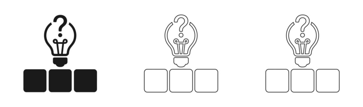 Problem solving concept light bulb icon with question mark and rectangular blocks in line art style