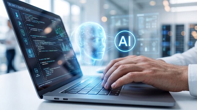Man using laptop with artificial intelligence interface and coding on screen in office