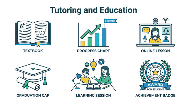 Tutoring and education icon set for academic learning and progress