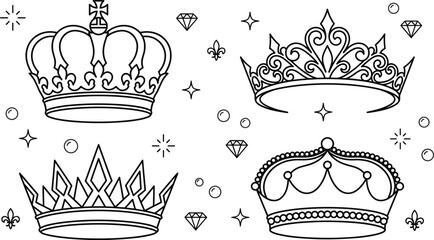 Royal Crown and Tiara Line Art Collection Banner with Diamond and Tiara Icons © PJ DeSign