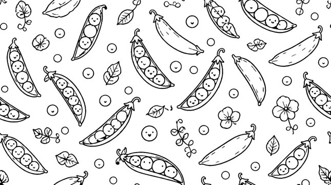 Hand drawn pea pods and leaves pattern design.