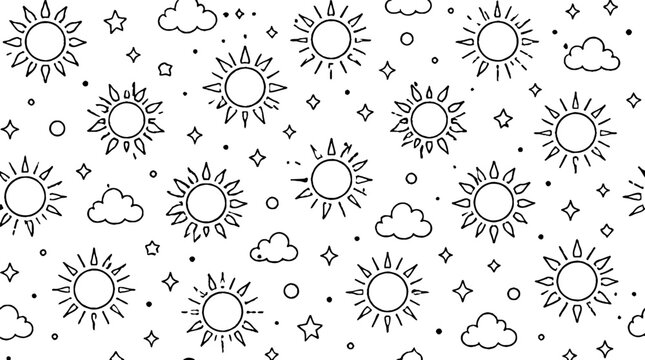 Whimsical sun and cloud pattern illustration design.