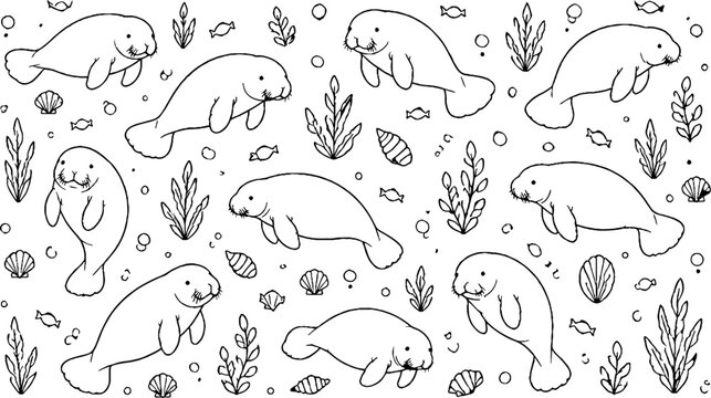 Playful manatees swimming in underwater seaweed scene.