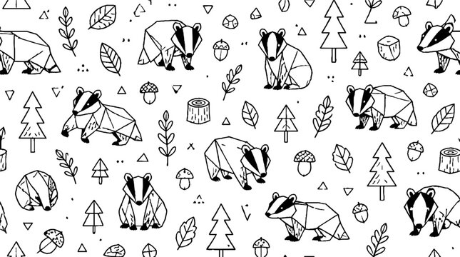 Geometric badger and forest elements pattern design.