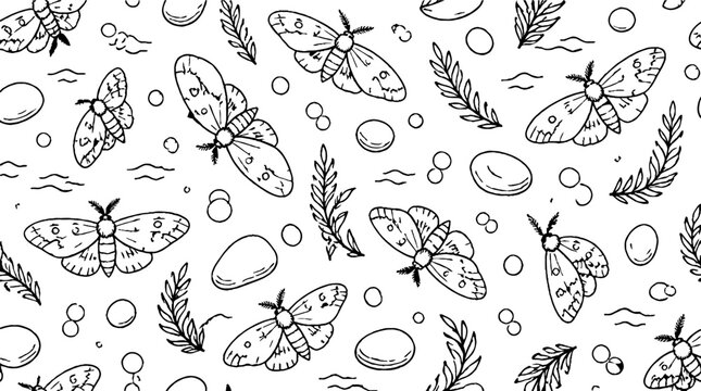 Detailed black and white moth and leaf pattern design.