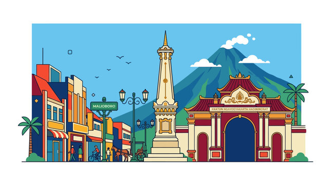 Vector Illustration Featuring Iconic Landmarks and Cityscape of Yogyakarta City in Indonesia with Mount Merapi Volcano Background