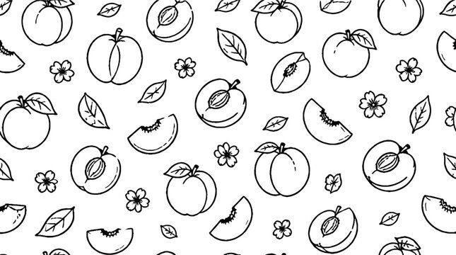 Hand drawn peach and leaf pattern illustration.