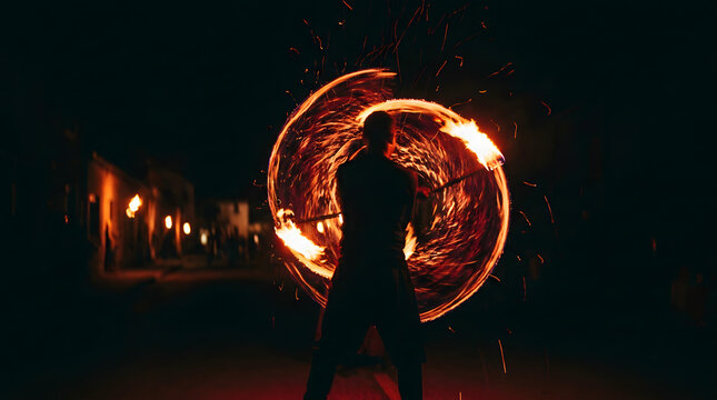 Fire Dancer Spinning Staff Creating Light Trails at Night