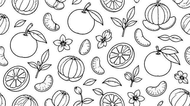 Hand drawn citrus fruits and leaves pattern design.