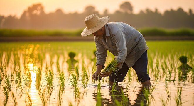 Farmer harvesting rice in a sunlit field during golden hour.