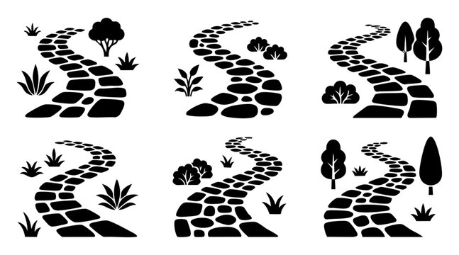 Set of black and white vector stone path illustrations featuring various garden landscaping design elements