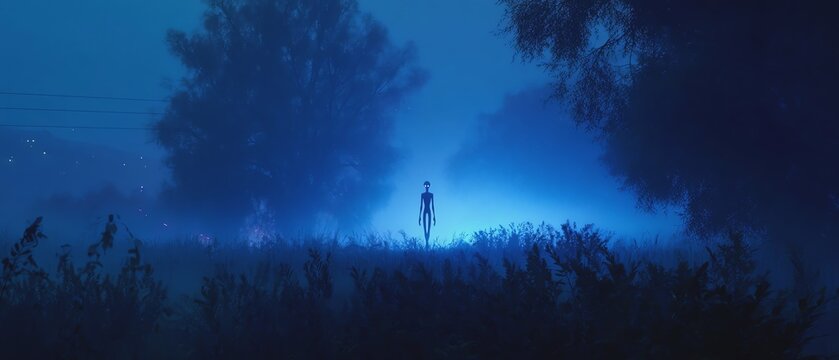 Mysterious figure in foggy blue landscape.