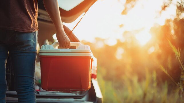 Person carrying cooler during summer sunset.