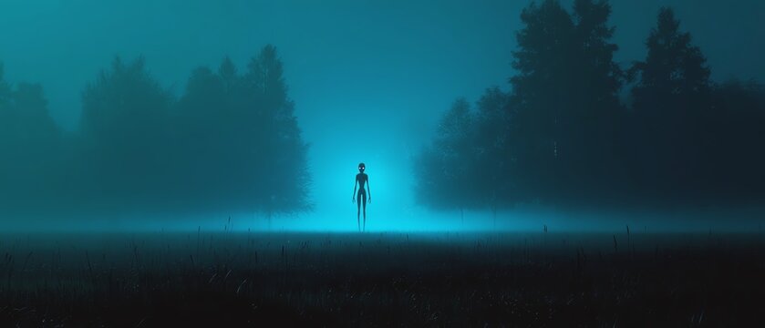 A mysterious figure in a foggy forest scene
