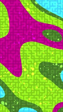 Abstract background with vibrant liquid shapes and intricate maze patterns in bright neon colors.