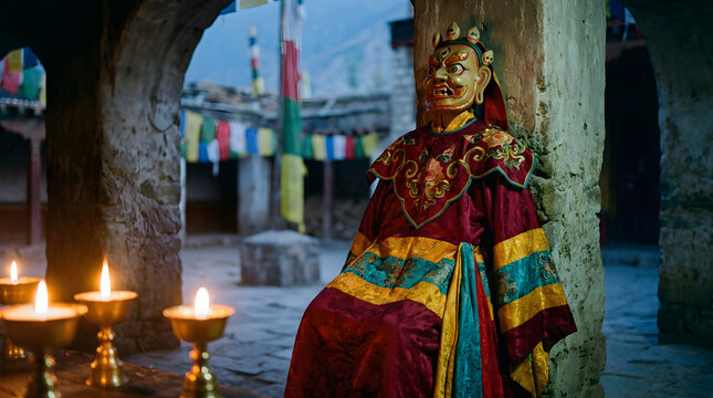 Ornate Tibetan Cham dance mask and costume in monastery with candles