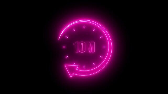 Neon pink 10 minute timer clock animation with rotating arrow on dark background