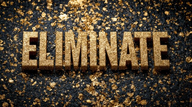 Word 'Eliminate' is rendered in textured gold letters on a speckled, dark, glitter-infused surface.