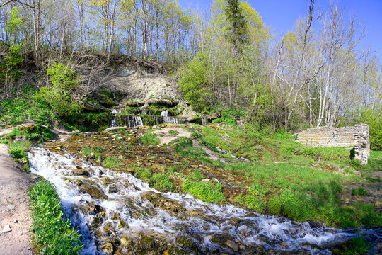Beautiful cascade of the Slovene Springs in Izborsk, Pskov region of Russia