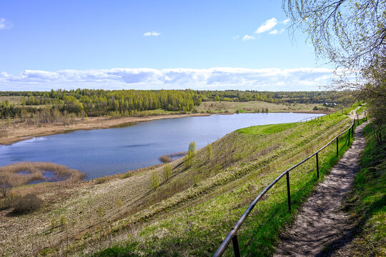 Hiking trail through the picturesque Malskaya Valley, Pskov region of Russia
