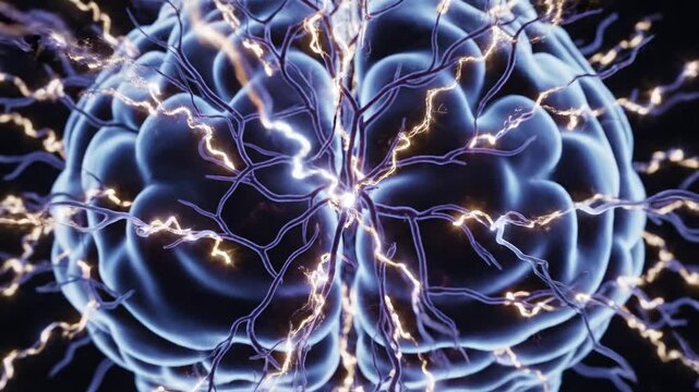 Close up top view of a glowing human brain with electrical impulses and neural activity, symbolizing cognition, intelligence, and thinking