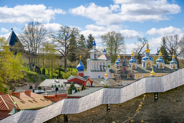 Ensemble of domes of the Holy Dormition Monastery in Pechory, Pskov region of Russia © pdeminhiker