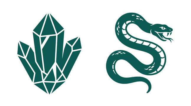 Minimalist green crystal and aggressive snake icon set with gemstone wildlife predator crystalized mystical silhouette creature abstract collection