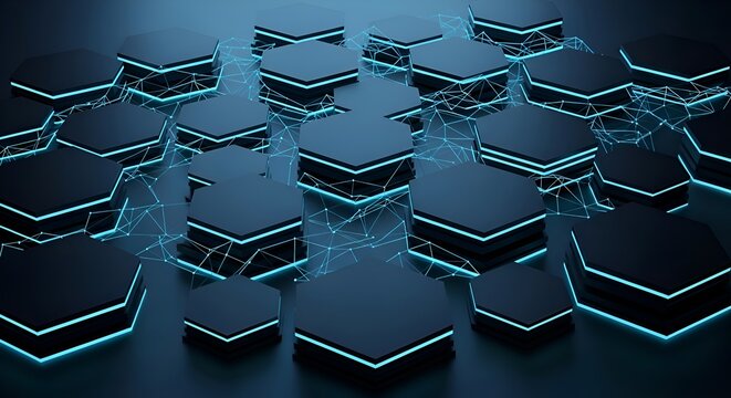 Abstract Futuristic Hexagons with Neon Blue Glow and Network Connections