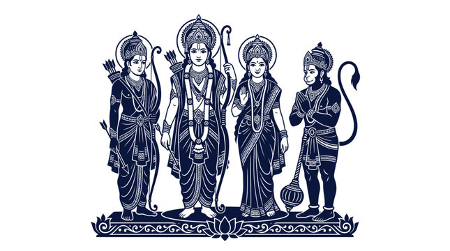 Rama sita lakshman and hanuman standing in traditional divine pose